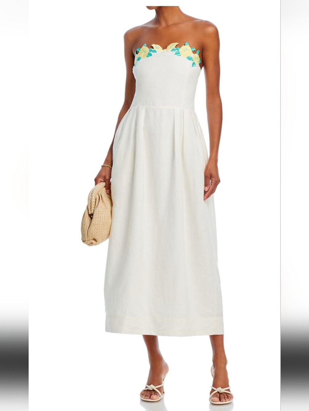 NWOT Fanm Mon White Strapless Midi Dress with Green & Yellow Floral Trim